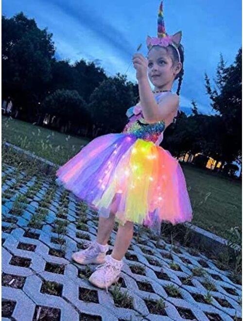 Gigoitly Unicorn Dress for Girls Sequin Unicorn Costume with LED Lights for Halloween Birthday Party Decorations