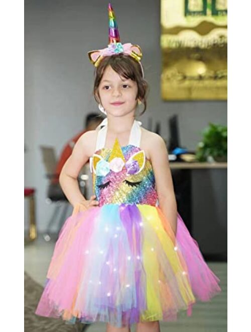 Gigoitly Unicorn Dress for Girls Sequin Unicorn Costume with LED Lights for Halloween Birthday Party Decorations