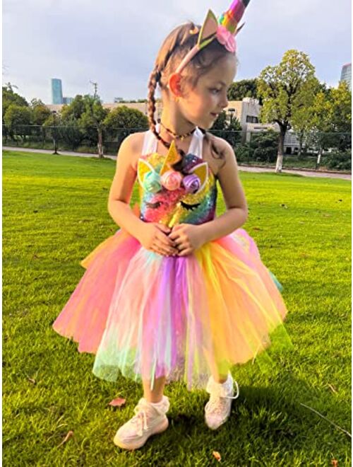 Gigoitly Unicorn Dress for Girls Sequin Unicorn Costume with LED Lights for Halloween Birthday Party Decorations