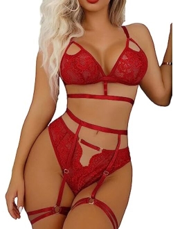 Women's 4 Piece Sheer Mesh Ruffle Trim Underwire Garter Belt Straps Lingerie Set