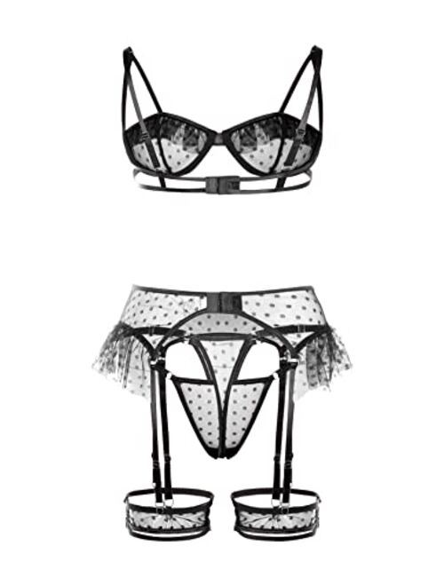 SOLY HUX Women's 4 Piece Sheer Mesh Ruffle Trim Underwire Garter Belt Straps Lingerie Set