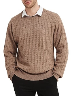 Kallspin Men's Cable Knit Crewneck Sweater Pullovers Cashmere Wool Blended Relax Fit Knitwear