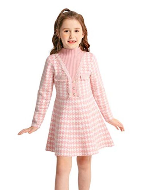 SMILING PINKER Girls Dresses Houndstooth Knitted Sweater Flare Winter Dress Mock Neck