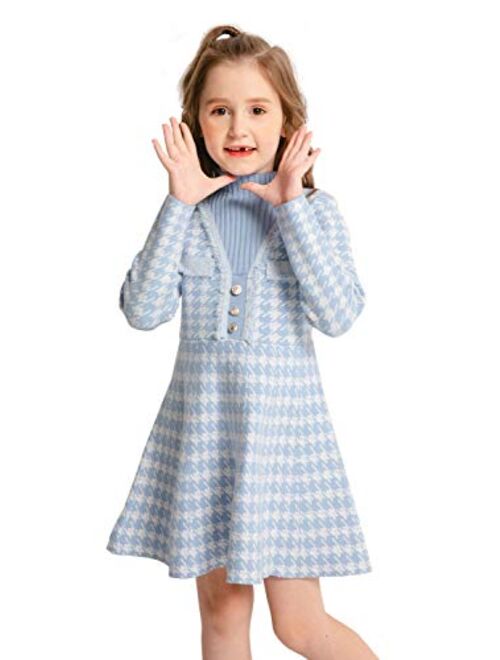 SMILING PINKER Girls Dresses Houndstooth Knitted Sweater Flare Winter Dress Mock Neck