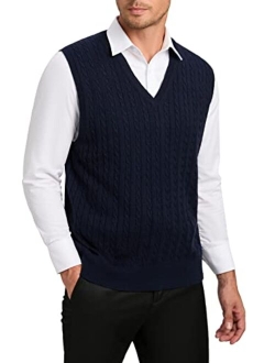 Kallspin Mens Cashmere Wool Blended Cable Knit Sweater Vest V Neck Relaxed Fit Sleeveless Pullovers