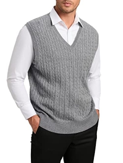 Kallspin Mens Cashmere Wool Blended Cable Knit Sweater Vest V Neck Relaxed Fit Sleeveless Pullovers