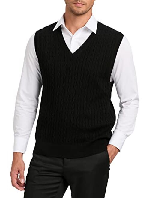 Kallspin Mens Cashmere Wool Blended Cable Knit Sweater Vest V Neck Relaxed Fit Sleeveless Pullovers