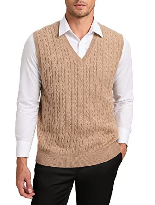 Kallspin Mens Cashmere Wool Blended Cable Knit Sweater Vest V Neck Relaxed Fit Sleeveless Pullovers