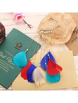 Bethynas Bohemian Colorful Feather Ear Cuffs 2pcs Long Tassel Crystal Ear Wrap Non-Pierced Fake Earrings Prom Festival Wedding Accessories for Women and Girls (Green)