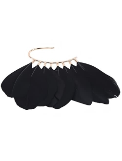 Timesuper Feather Long Tassels Cuff Clip Earrings Ear Hook without Piercing Crawlers Women Ear Cuff Jewelry,black