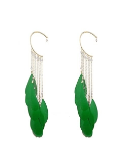 IEAKDCD Boho Women Girls Retro Non-piercing Clip On Earrings Tassel Long Feather Temperament Ear Cuff(Green)