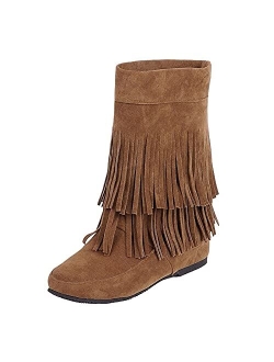 Fragarn Womens Cowboy Boots,Tassel Bootie Fringe Hidden Wedge Heel Ankle Boots Cowgirl Round Boots