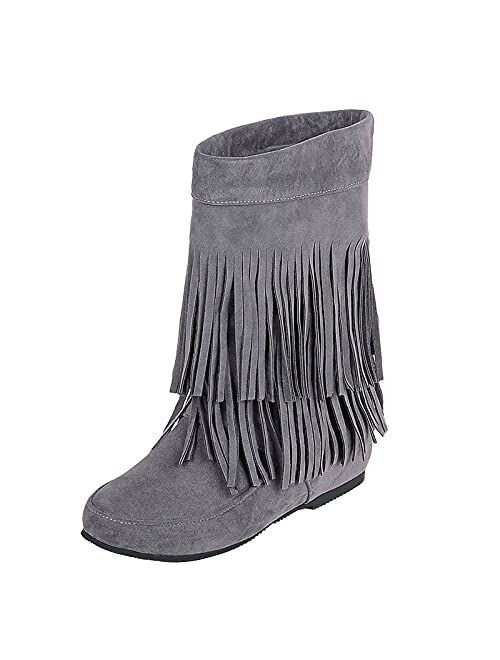 Fragarn Womens Cowboy Boots,Tassel Bootie Fringe Hidden Wedge Heel Ankle Boots Cowgirl Round Boots