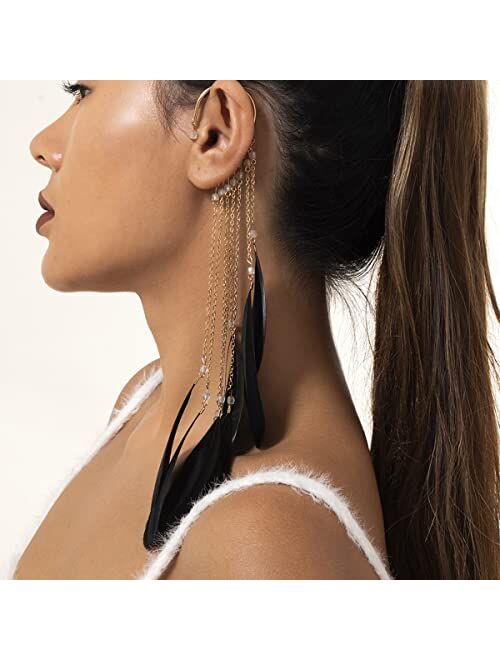 wekicici Wekicici 2pcs Feather Drop Cuff Earring Long Tassels Clip Bohemian Dangling Feather Ear Ring