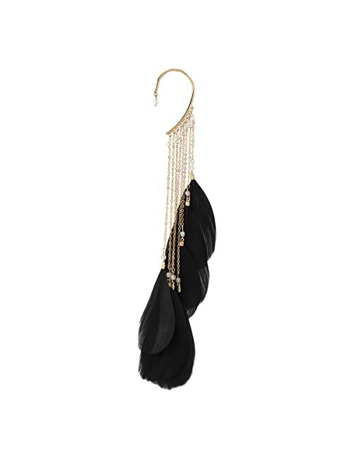 wekicici Wekicici 2pcs Feather Drop Cuff Earring Long Tassels Clip Bohemian Dangling Feather Ear Ring