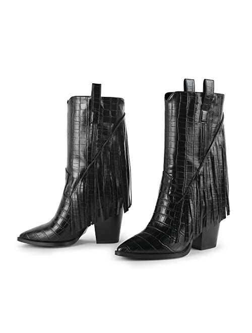 ISNOM Fringe Cowboy Boots for Women, with Sassy Tassel and Block Heel Design