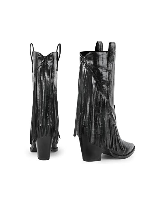 ISNOM Fringe Cowboy Boots for Women, with Sassy Tassel and Block Heel Design