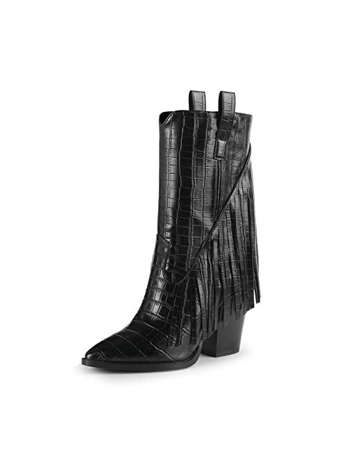 ISNOM Fringe Cowboy Boots for Women, with Sassy Tassel and Block Heel Design