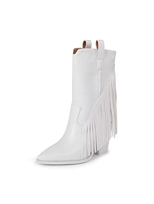 ISNOM Fringe Cowboy Boots for Women, with Sassy Tassel and Block Heel Design