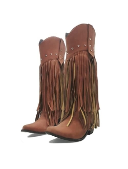 NueiVeiuo Women Fringe Boots Western Cowgirl Boots Block Heel Vintage Knee High Boots