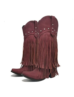 NueiVeiuo Women Fringe Boots Western Cowgirl Boots Block Heel Vintage Knee High Boots