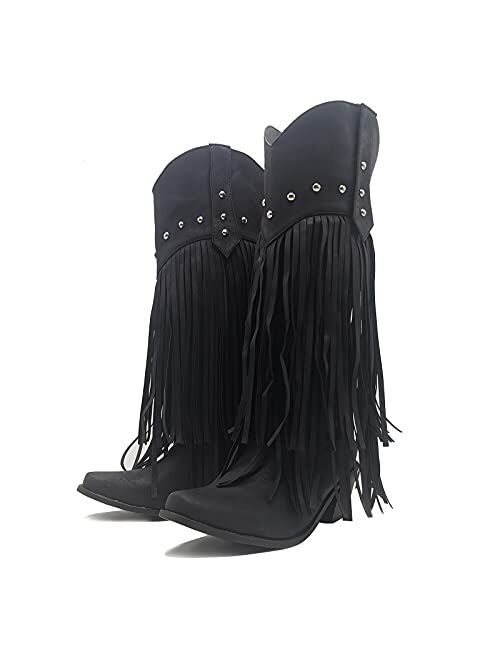 NueiVeiuo Women Fringe Boots Western Cowgirl Boots Block Heel Vintage Knee High Boots