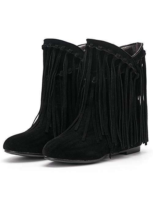 fereshte Women's Tassel Bootie Fringe Hidden Wedge Heel Ankle Boots