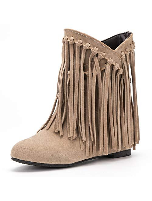 fereshte Women's Tassel Bootie Fringe Hidden Wedge Heel Ankle Boots