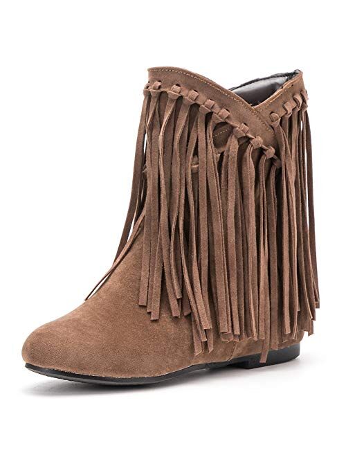 fereshte Women's Tassel Bootie Fringe Hidden Wedge Heel Ankle Boots