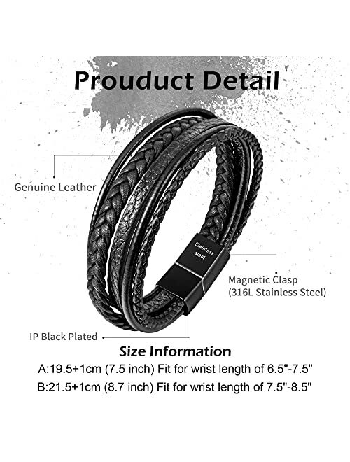 Speroto Mens Bracelet, Adjustable Mens Leather Bracelet with Stainless Steel Magnetic Clasp, Multi-Layer Braided Genuine Leather Bracelet for Men