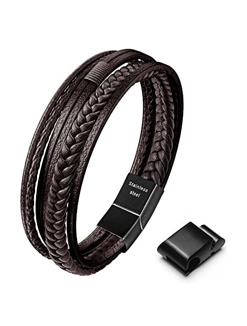 Speroto Mens Bracelet, Adjustable Mens Leather Bracelet with Stainless Steel Magnetic Clasp, Multi-Layer Braided Genuine Leather Bracelet for Men