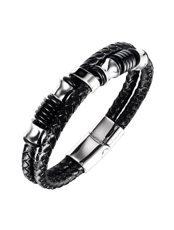 Feraco Men Leather Bracelet With Magnetic Clasp Double-Row Black Multilayer Leather Braided Cuff Wrap Wristbands, 8.66inch