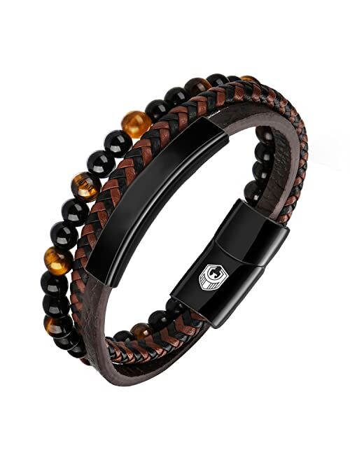 Shieagleld Leather Bracelet, New Mens Braided Bracelet Bead with Lava and Onyx Bead, Cuff Bracelets for men, Cowhide Braided bangle, punk wristband, with Stainless Steel 