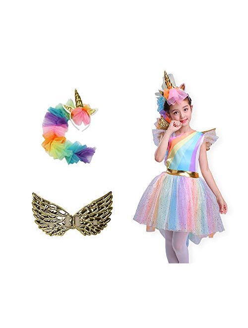 SEASONS DIRECT Halloween Girl's Rainbow Unicorn Costume With Wing and Headband