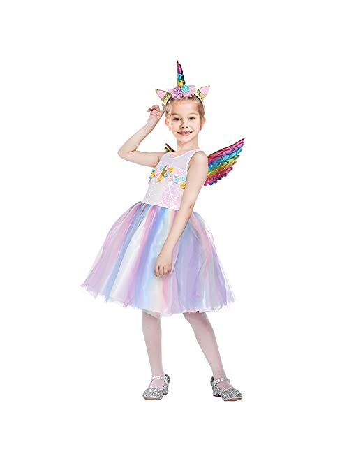 Twister.Ck Princess Unicorn Dress Costume for Little Girls Dress Up Outfit with Unicorn Headband and Rainbow Wings for Birthday Party