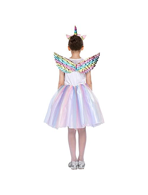 Twister.Ck Princess Unicorn Dress Costume for Little Girls Dress Up Outfit with Unicorn Headband and Rainbow Wings for Birthday Party