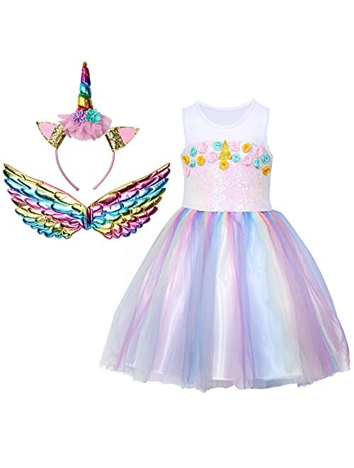 Twister.Ck Princess Unicorn Dress Costume for Little Girls Dress Up Outfit with Unicorn Headband and Rainbow Wings for Birthday Party