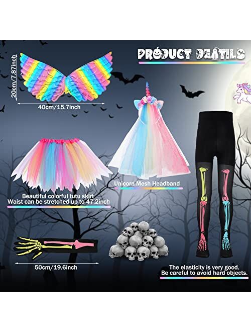 Jiuguva 5 Pcs Halloween Zombie Unicorn Costumes Suit for Girls, Including Rainbow Tutu Skirt, Rainbow Wings, Unicorn Headband, Skeleton Gloves, Skeleton Hosiery for Hallo