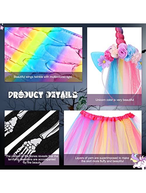 Jiuguva 5 Pcs Halloween Zombie Unicorn Costumes Suit for Girls, Including Rainbow Tutu Skirt, Rainbow Wings, Unicorn Headband, Skeleton Gloves, Skeleton Hosiery for Hallo