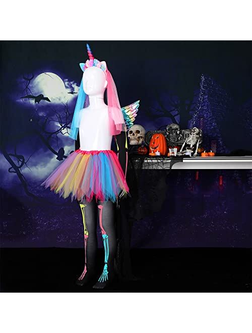 Jiuguva 5 Pcs Halloween Zombie Unicorn Costumes Suit for Girls, Including Rainbow Tutu Skirt, Rainbow Wings, Unicorn Headband, Skeleton Gloves, Skeleton Hosiery for Hallo