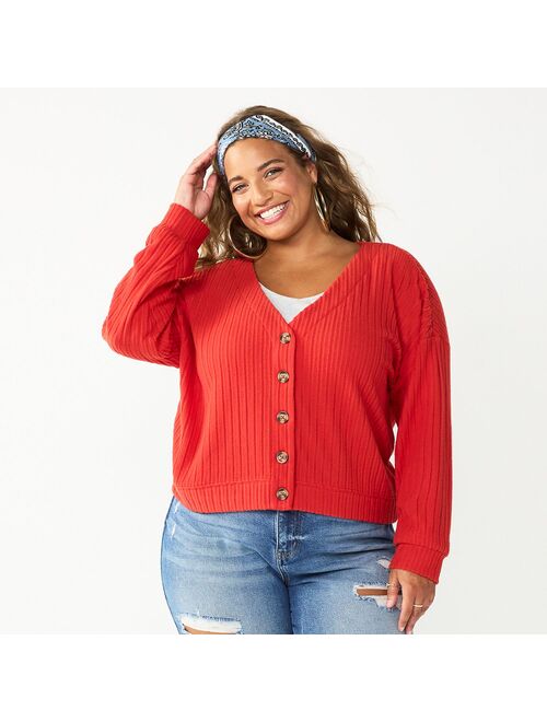 Juniors' Plus Size SO Cropped Button-Front Cardigan