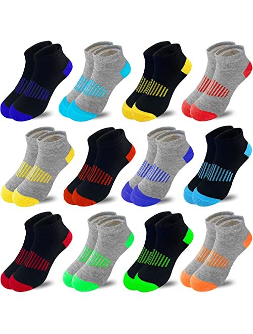 Tsmollyu Boy Socks 12 Pairs Ankle Athletic Cotton Socks Half Cushioned Low Cut Socks For Little Big Kids Age 3-10