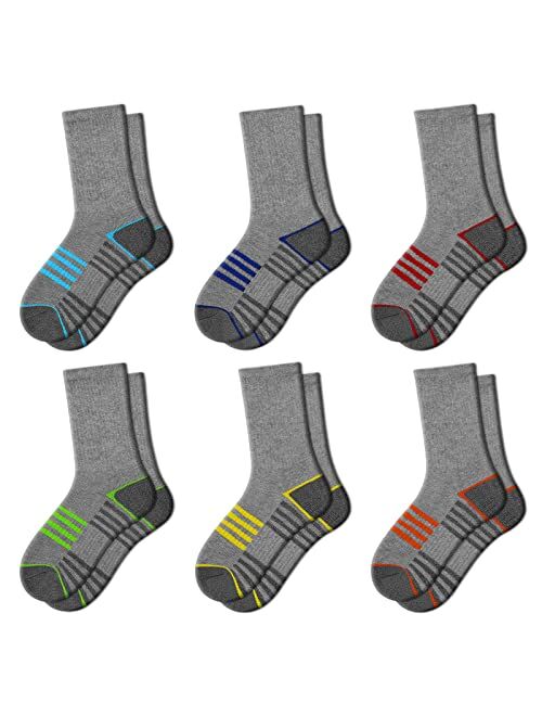 Comfoex Boys Crew Socks For Kids 4-6 6-8 8-10 Years Old Athletic Long Socks With Cushioned Sole 6 Pairs