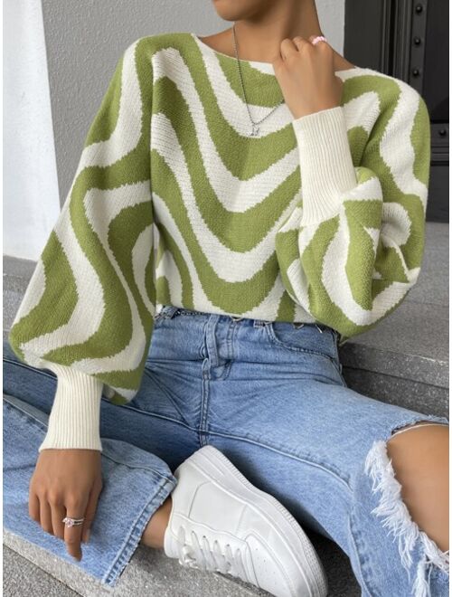 Shein Wave Stripe Pattern Lantern Sleeve Sweater