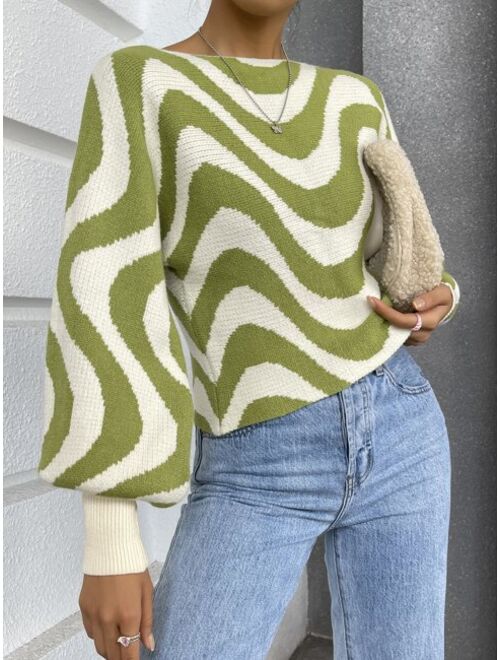 Shein Wave Stripe Pattern Lantern Sleeve Sweater