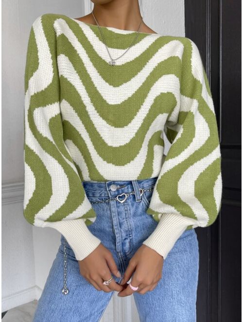 Shein Wave Stripe Pattern Lantern Sleeve Sweater