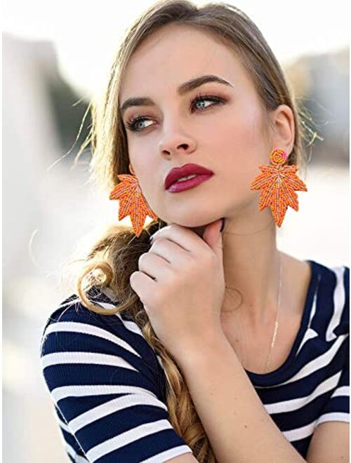 Aratlench Thanksgiving Fall Earrings for women Handmade Beaded Pumpkin Maple Leaf Turkey Drop Dangle Earrings Orange Pie Food Dangling Earrings Girls Thanksgiving Hallowe