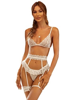 Women's 3 Pieces Floral Lace Mesh Garter Straps Lingerie Set