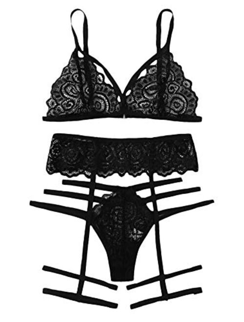 WDIRARA Women's 3 Pieces Floral Lace Mesh Garter Straps Lingerie Set