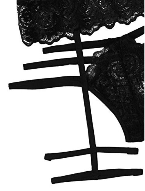 WDIRARA Women's 3 Pieces Floral Lace Mesh Garter Straps Lingerie Set